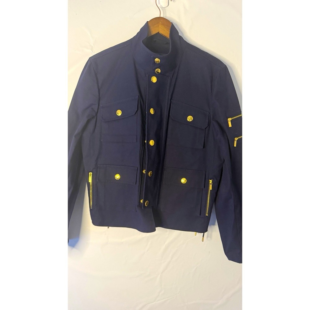 Ralph Lauren Navy Blue Military Twill Lined Jacket Gold Buttons Zip Pockets M